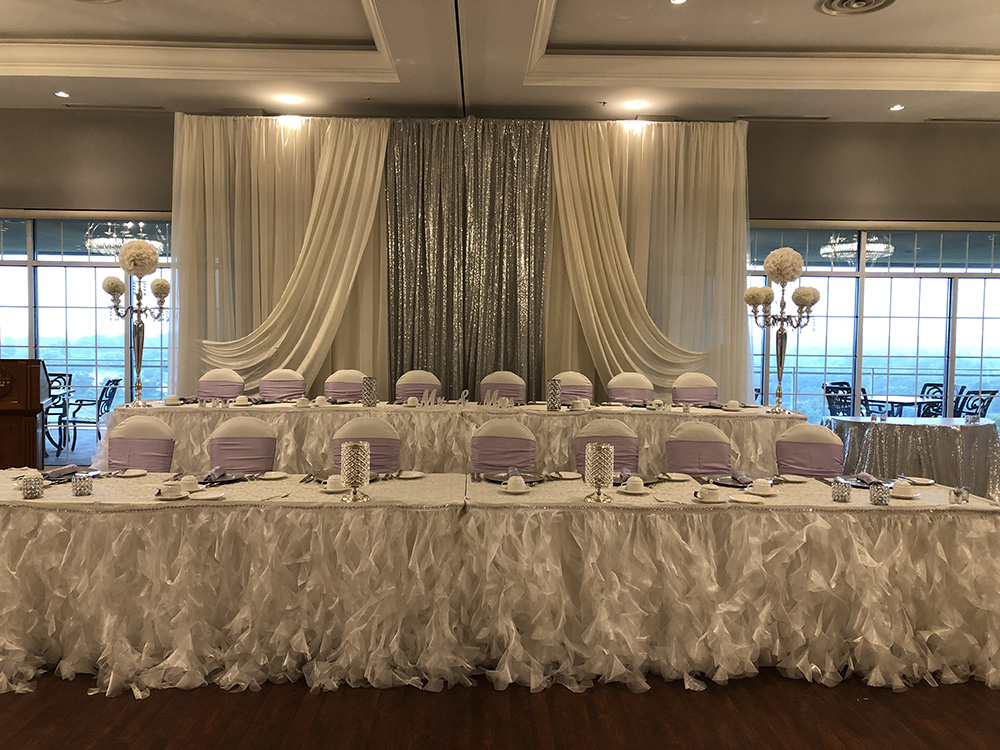 two teir wedding head table in lavender silver and white now & always