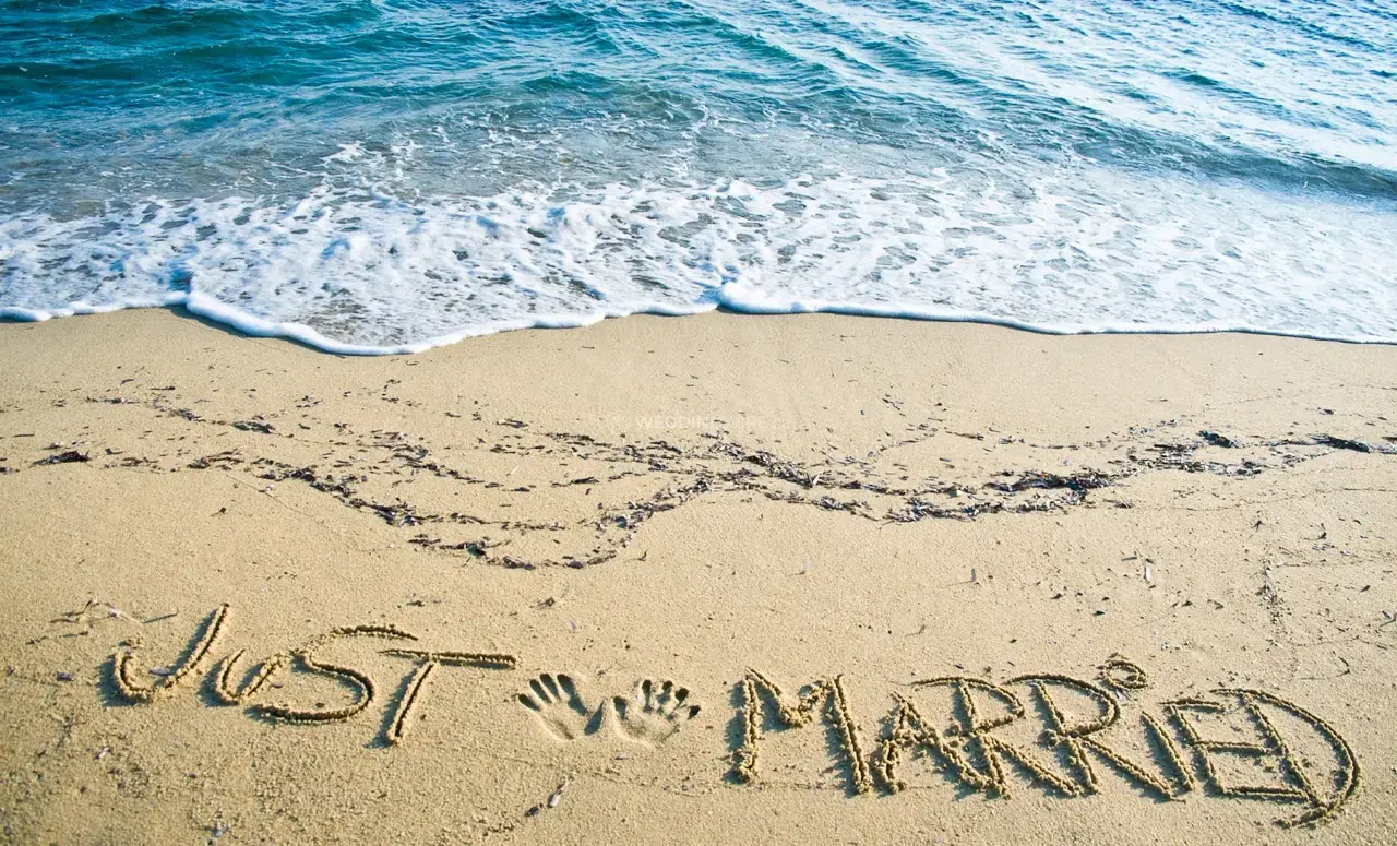 The Wedding Ring, Northstar Travel, Destination Weddings, Just Married written in the sand