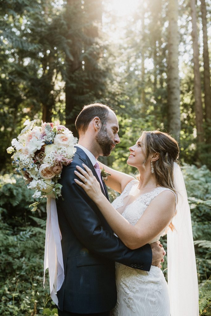 The Wedding Ring, Kim Jay Weddings, Victoria British Columbia Wedding Photographer, St. Anne’s Academy, Victoria BC, Destination Wedding, Bride and Groom looking at each other in the woods, a perfect day