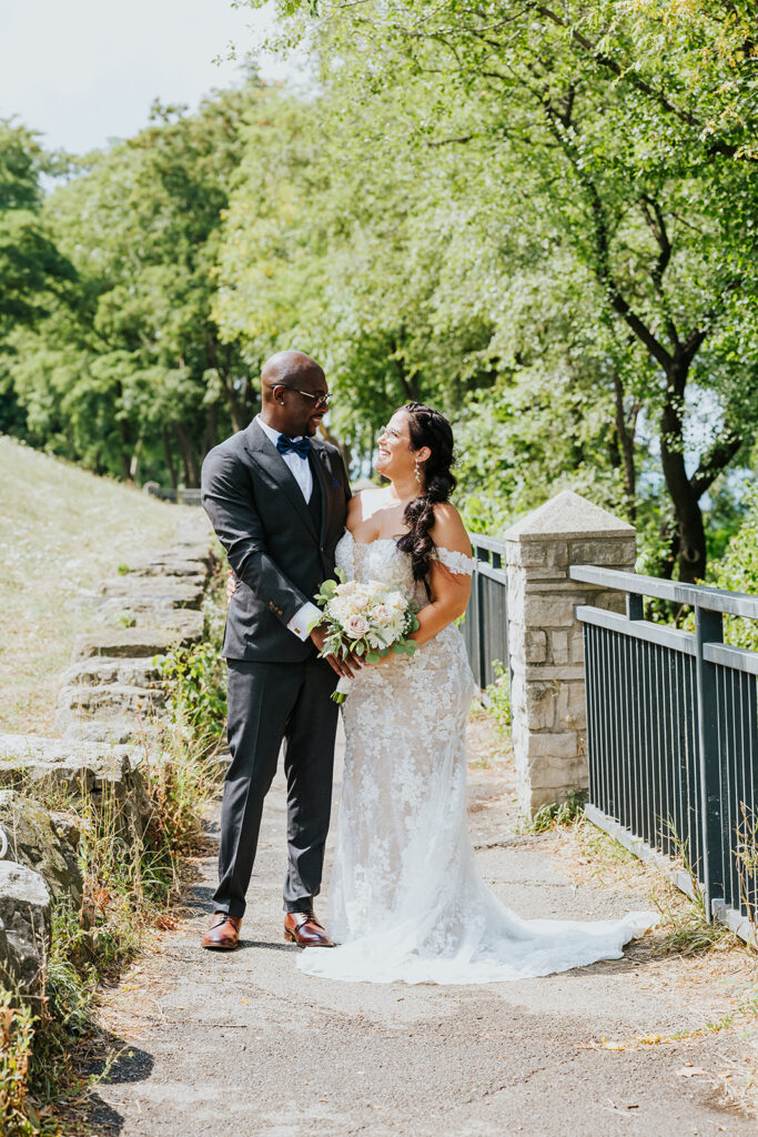 C Hotel by Carmen's, Hamilton wedding venue, Fedora Media, Cambridge wedding photographer, the wedding ring, bride and groom standing on path looking at each other